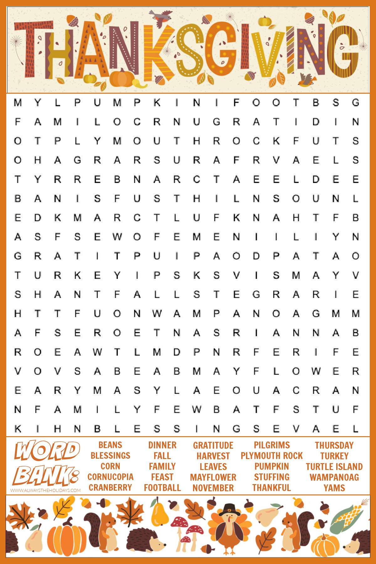 free thanksgiving word search printable - with answers included